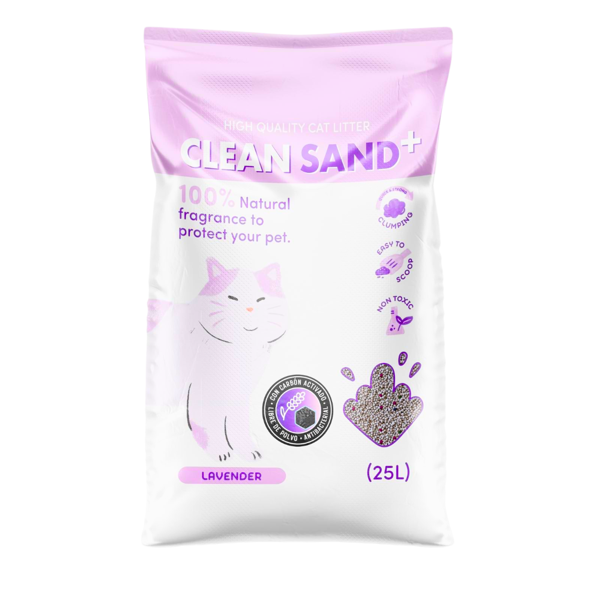 Arena Sanitaria Aglomerante CLEAN SAND 20kg Carbón Activado Lavanda