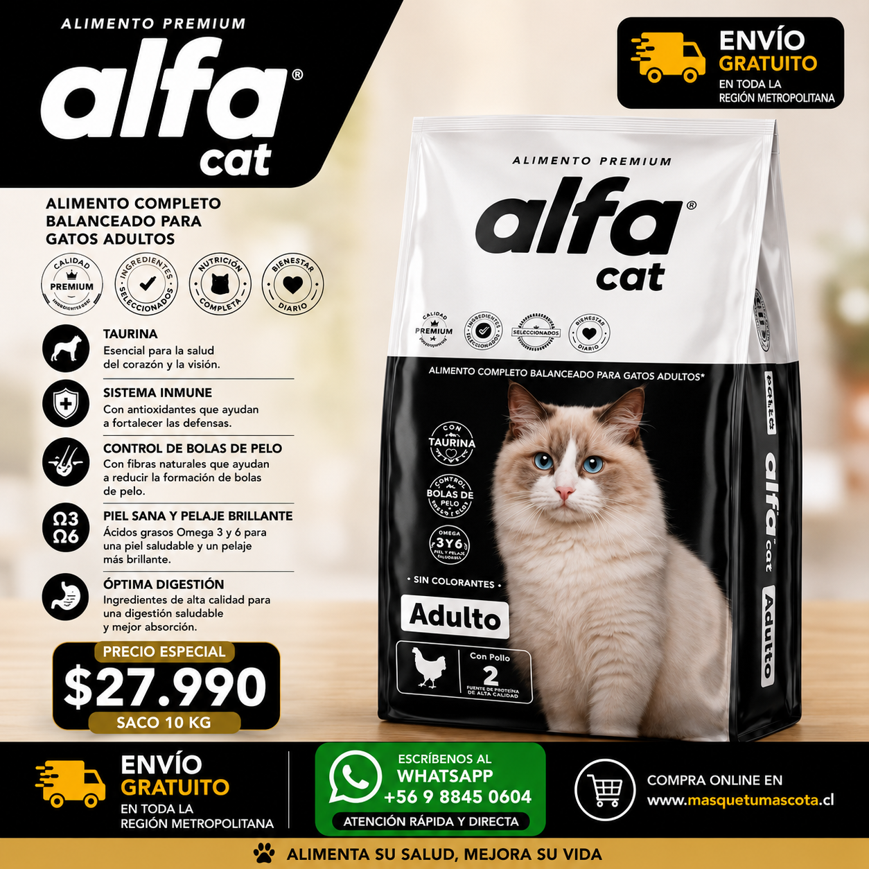 Alfa Cat Adulto 10kg 31% de Proteina.