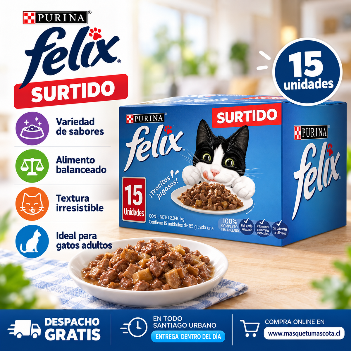Caja Sachet Felix Surtido 15 unidades Salmon,Carne,Atun y Pescado.