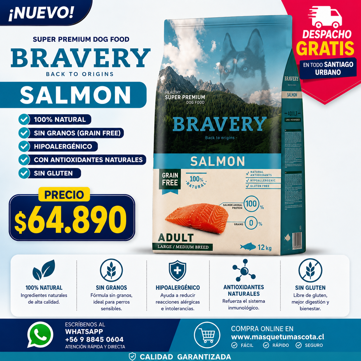 Bravery Salmon Adulto Mediano/Grande breeds 12kg.