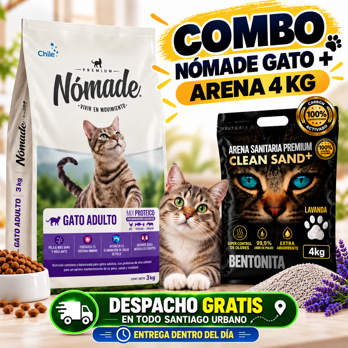 Pack Nomade Gato 10kg + Arena Sanitaria Cleand Sand Premium 4kg