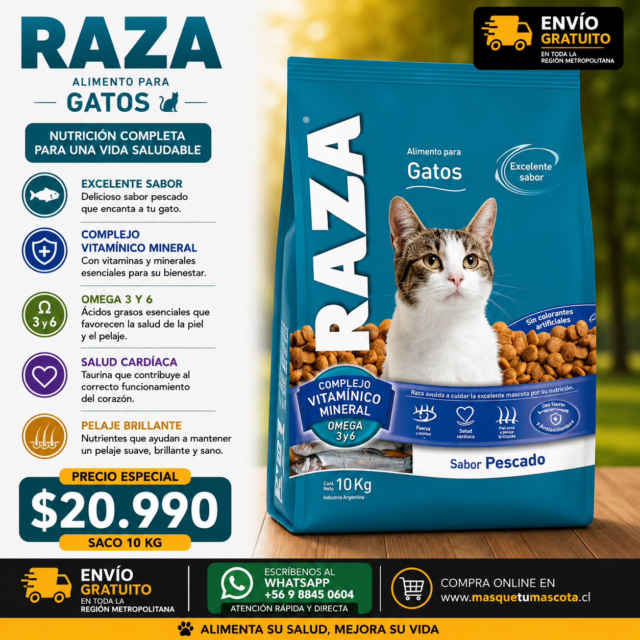 Raza Gato - 10 kg 26% de Proteina salmon.