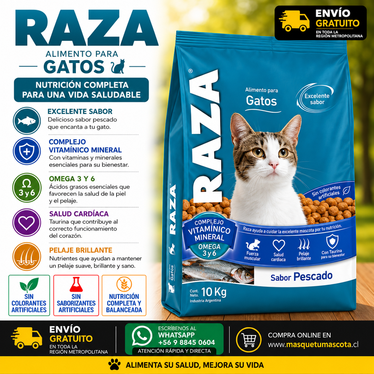Raza Gato - 10 kg 26% de Proteina salmon.