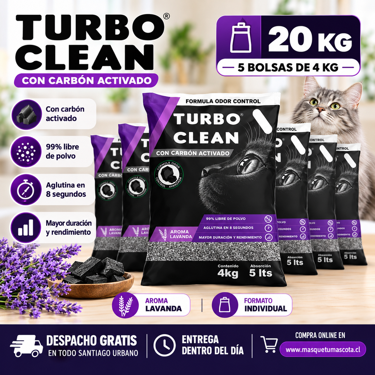 Arena Gato Turbo Clean 20kg Carbon activo.