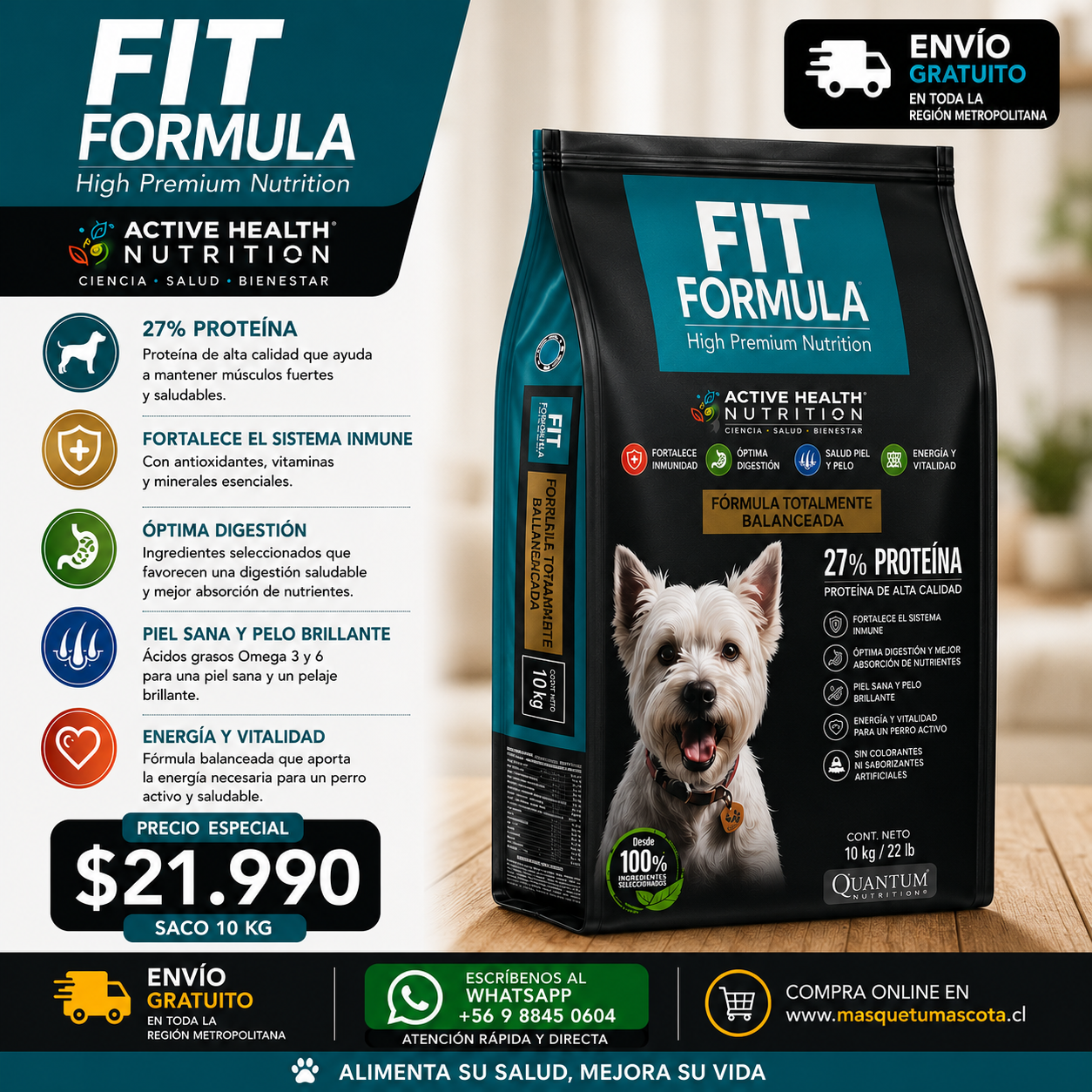 Fit Adulto Razas Pequeñas - 10kg 27% de Proteina.