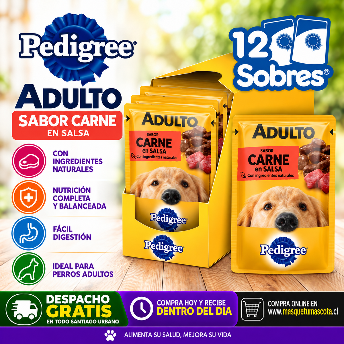 Caja Sachet Pedigree Sabor Carne 12 Unidades.