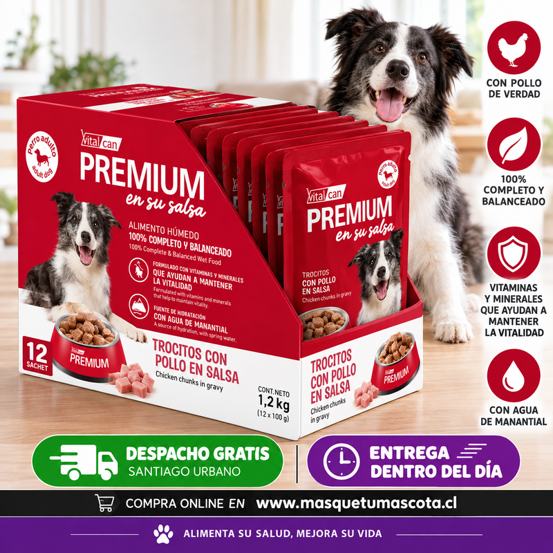 Caja Sachet Vitalcan Premium 12 unidades sabor Carne.