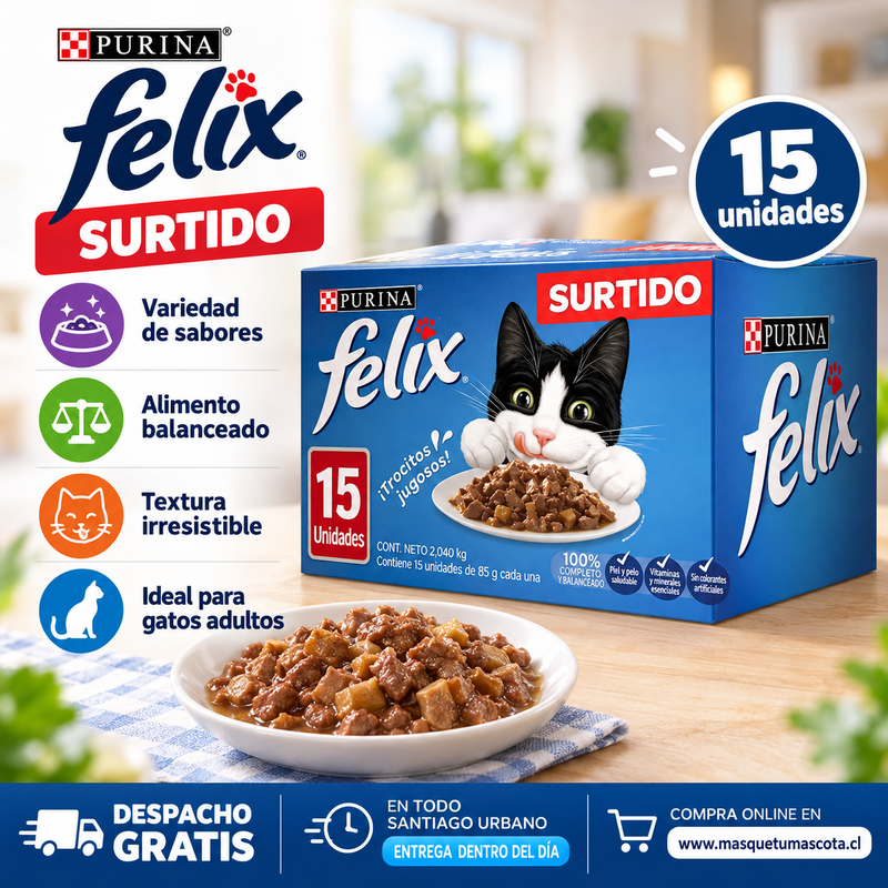 Caja Sachet Felix Surtido 15 unidades Salmon,Carne,Atun y Pescado.