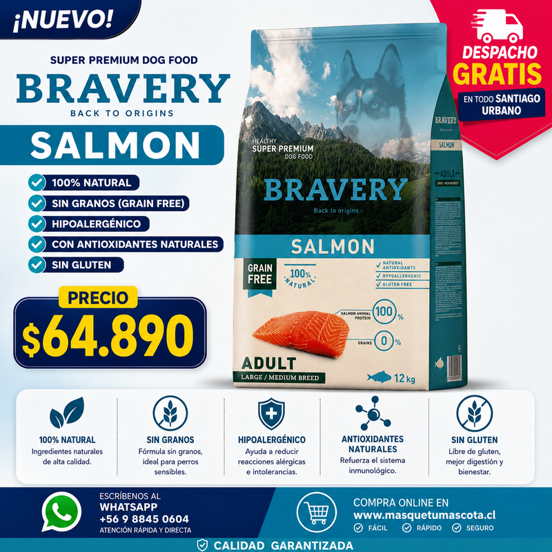 Bravery Salmon Adulto Mediano/Grande breeds 12kg.
