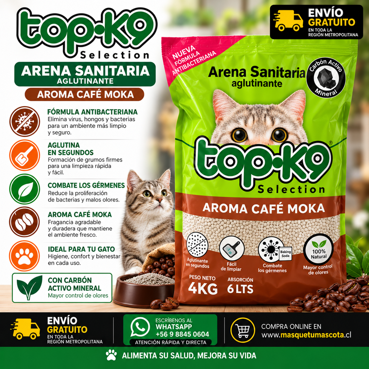 Arena Gato Top K9 Aroma Cafe Carbon activo 20 kg