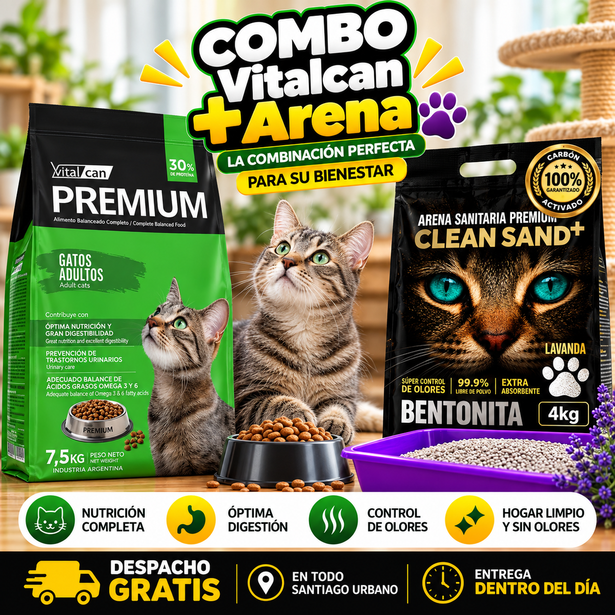 Pack Vitalcan Premium Gato 7,5 kg + Arena Clean Sand Premium 4kg