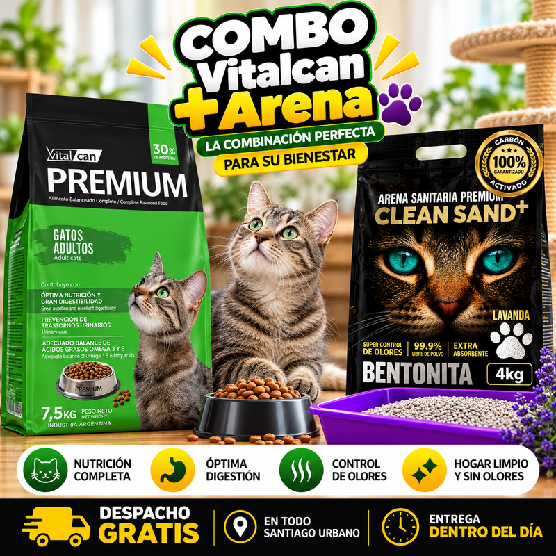 Pack Vitalcan Premium Gato 7,5 kg + Arena Clean Sand Premium 4kg