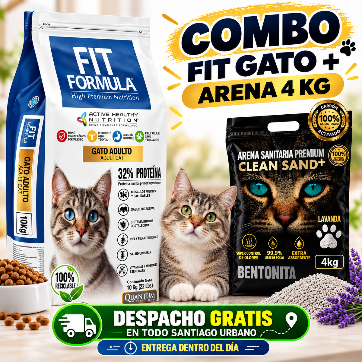 Pack Fit Formula Gato 10kg + Arena Gato Clean Sand Premium 4kg.