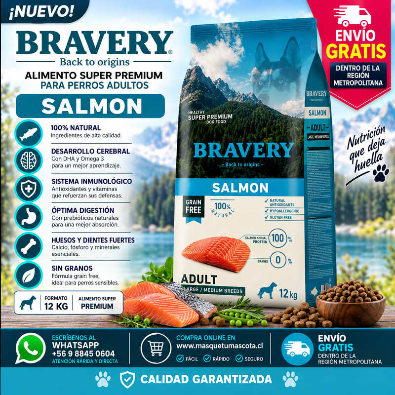Bravery Salmon Adulto Mediano/Grande breeds 12kg.