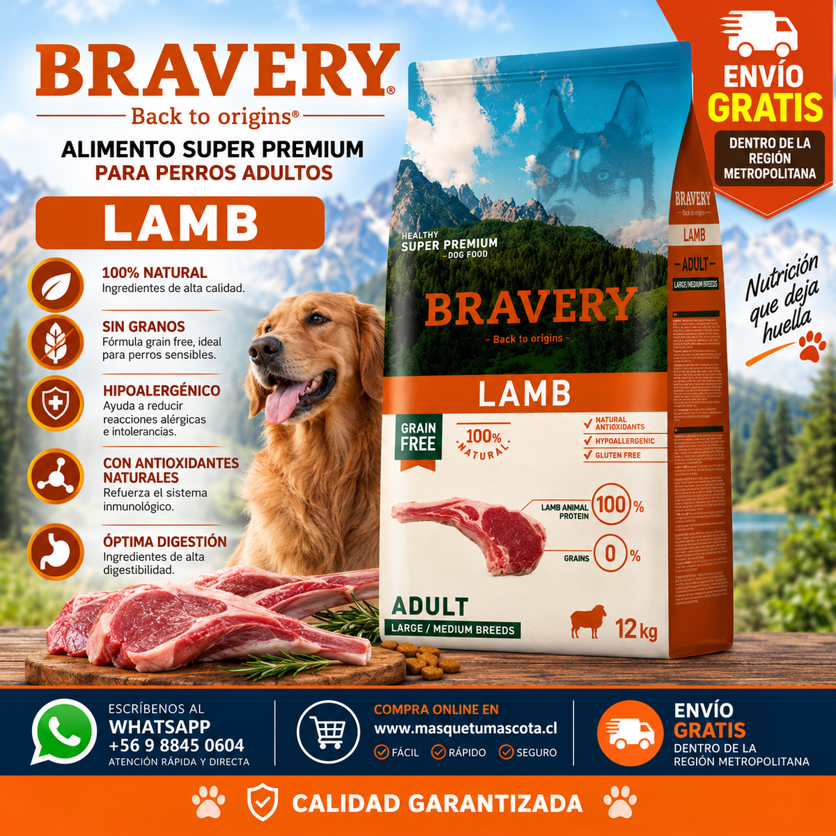 Bravery Perro Adulto Mediano/Grande Cordero 12 KG