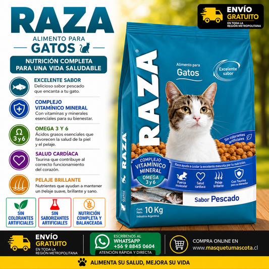 Raza Gato - 10 kg 26% de Proteina salmon.