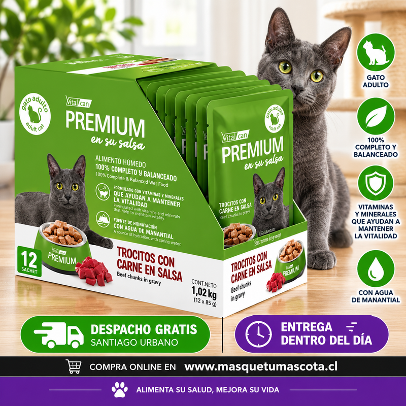 Caja Sachet Vitalcan Premium 12 unidades Sabor Carne.