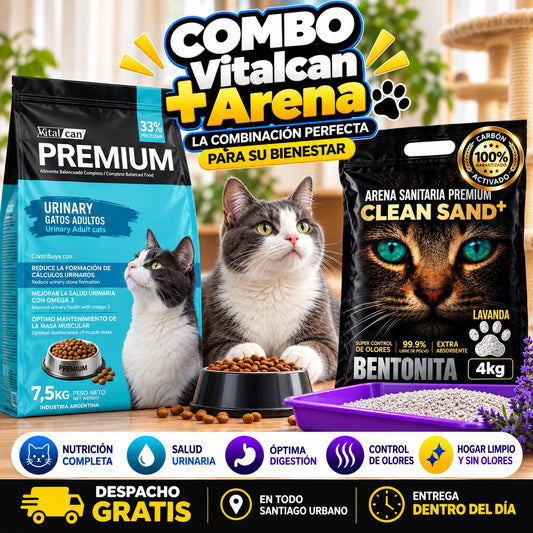 Pack Vitalcan Gato Urinary 7,5 kg + Arena Clean Sand Premium 4kg