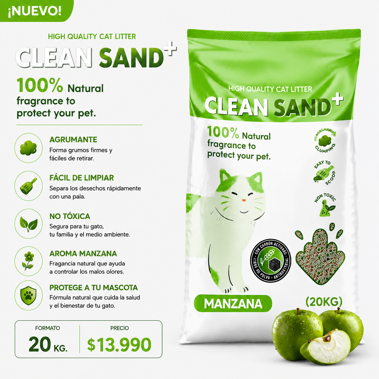 Arena CleanSand 20 Kg Aroma Manzana Carbón Activo.