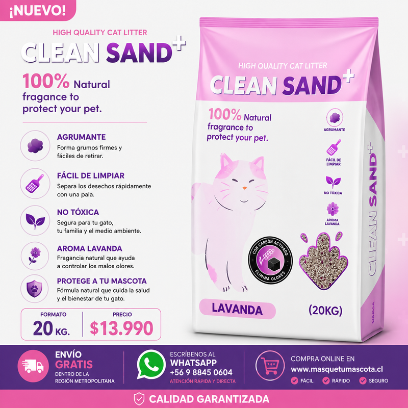 Arena CleanSand 20 kg Aroma Lavanda Carbón Activo.