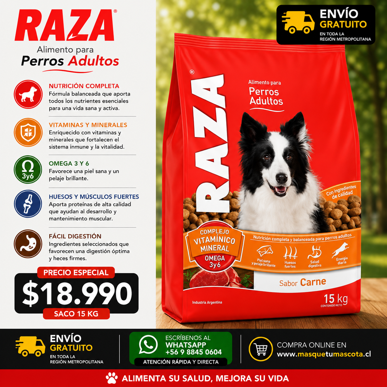 RAZA ADULTO - 15 Kg 21% Proteina.